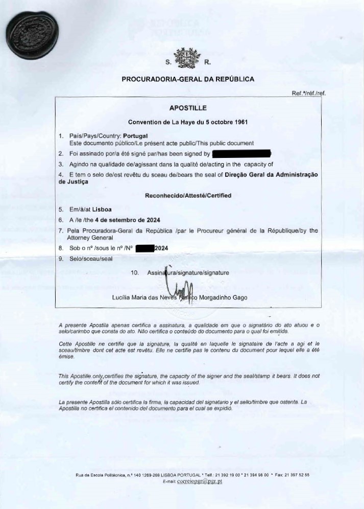 Ejemplo de documento de Apostilla de Portugal